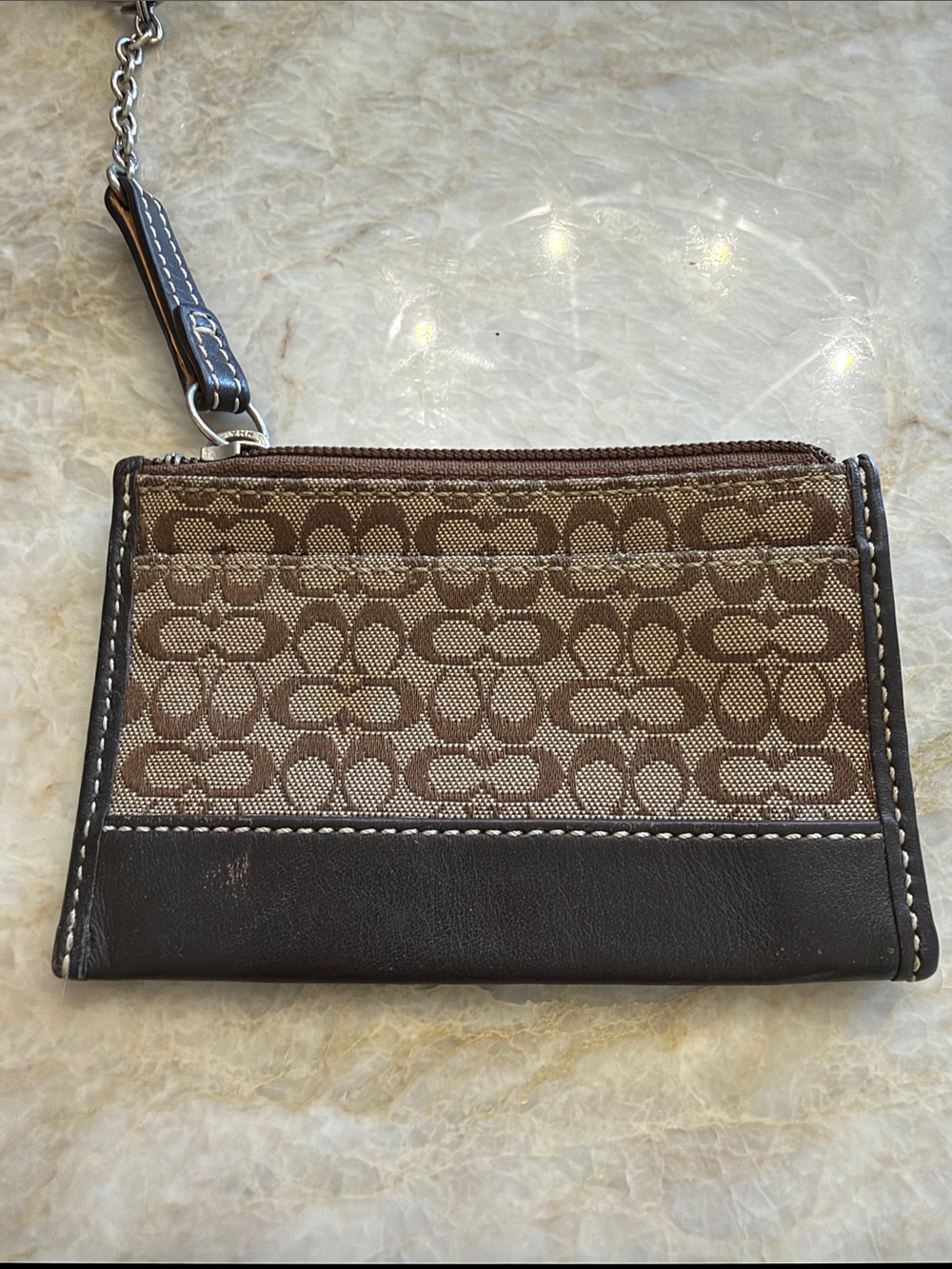 Coach Brown Signature Canvas Wristlet Card Case with Dark Brown Leather Trim